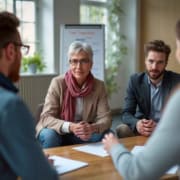 Nahaufnahme beruflicher Dialog mit Flipchart