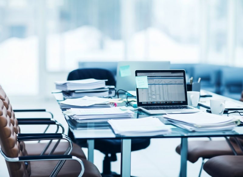 Konferenztisch mit Laptop und vielen Unterlagen als Symbol für Arbeitsstau