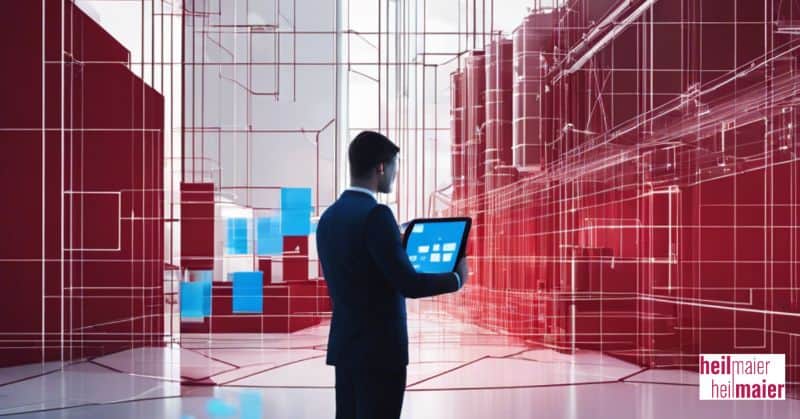 Führungskraft analysiert Produktionsdaten in einer Industrie-4.0-Umgebung und steht für Entscheidungen zwischen Strategie und Umsetzung im Mittelstand