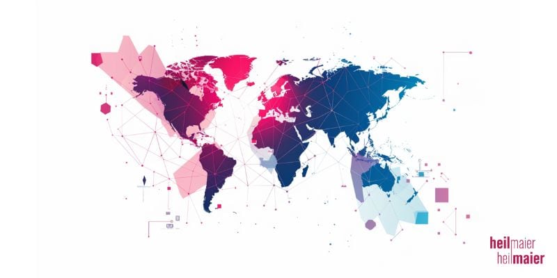 Abstrakte Weltkarte mit digitalen Vernetzungen als Symbol für Industrie 4.0, globale Zusammenhänge und Veränderung im Mittelstand